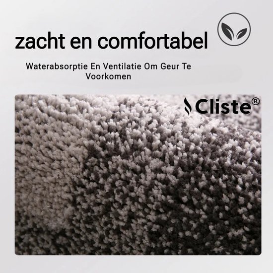 Close-up van de zachte, pluizige textuur van een grijs-witte badmat. Cliste logo.