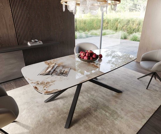 Table à manger Edge blanc-beige Boat céramique Minas Melange 200x100 cadre croisé rectangle noir