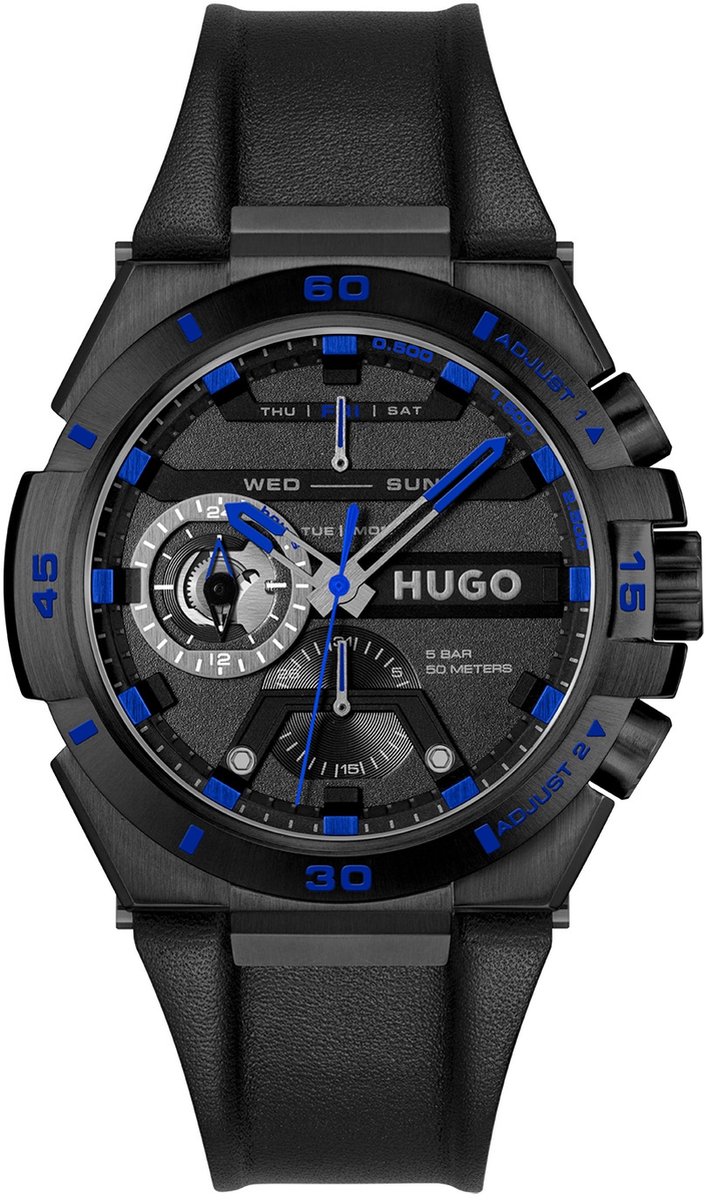 HUGO HU1530341 #WILD Heren Horloge - Mineraalglas - Staal-Leer - Zwart - 46 mm breed - Quartz - Vouw-Vlindersluiting - 5 ATM (douchen)