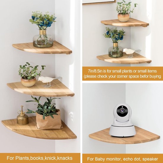 Gieanoo Hoekplank, hangrek, wit, massief eiken, set van 2, wit, hoekplank, ronde uiteinden, wandrek, hout, vintage, landhuisstijl, rek voor slaapkamer en woonkamer, 22 cm