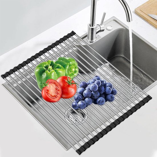 Égouttoir pliable en acier inoxydable - pour sécher les assiettes de fruits et légumes - Égouttoir noir 43 x 35 cm avec égouttoir pliable
