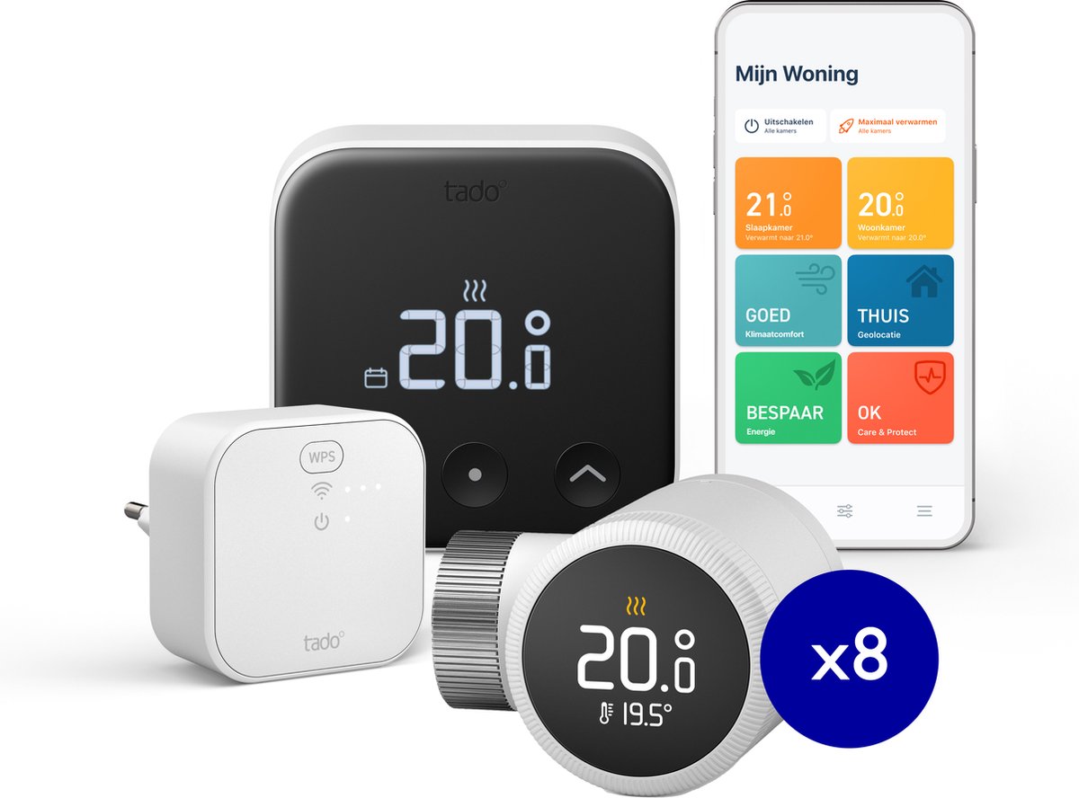 tado° Slimme Thermostaat X Bundel - Starterskit - Slimme Thermostaat - incl. Matter Bridge - Bedrade variant - 8 Radiatorknoppen - Zwart/Wit