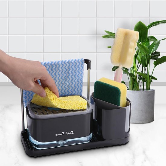 Distributeur Savon Cuisine 4-en-1 Noir - Avec Éponge & Brosse - Organisateur Évier Gain De Place