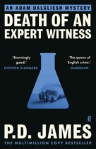 Boekomslag van 'Death of an Expert Witness' met een blauw laboratoriumglas en een hand erin. Tekst: AN ADAM DALGLIESH MYSTERY DEATH OF AN EXPERT WITNESS.