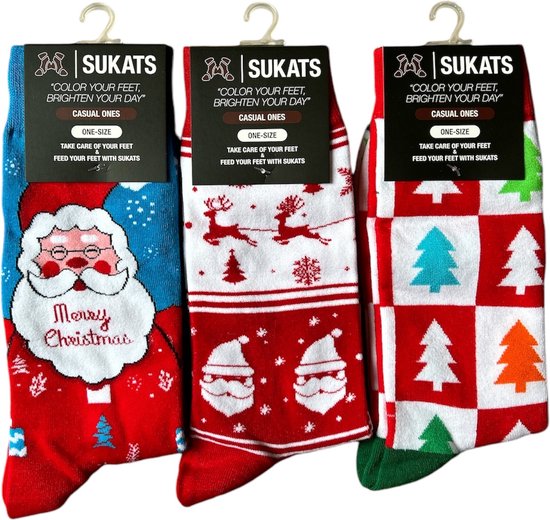 Sukats® The Casual Ones - 3 Paar - Maat 38-44 - Kerstsokken - One-Size - Dames en Herensokken - Set A - Happy Colorful Socks - Grappige Sokken - Vrolijke Sokken - Cadeausokken