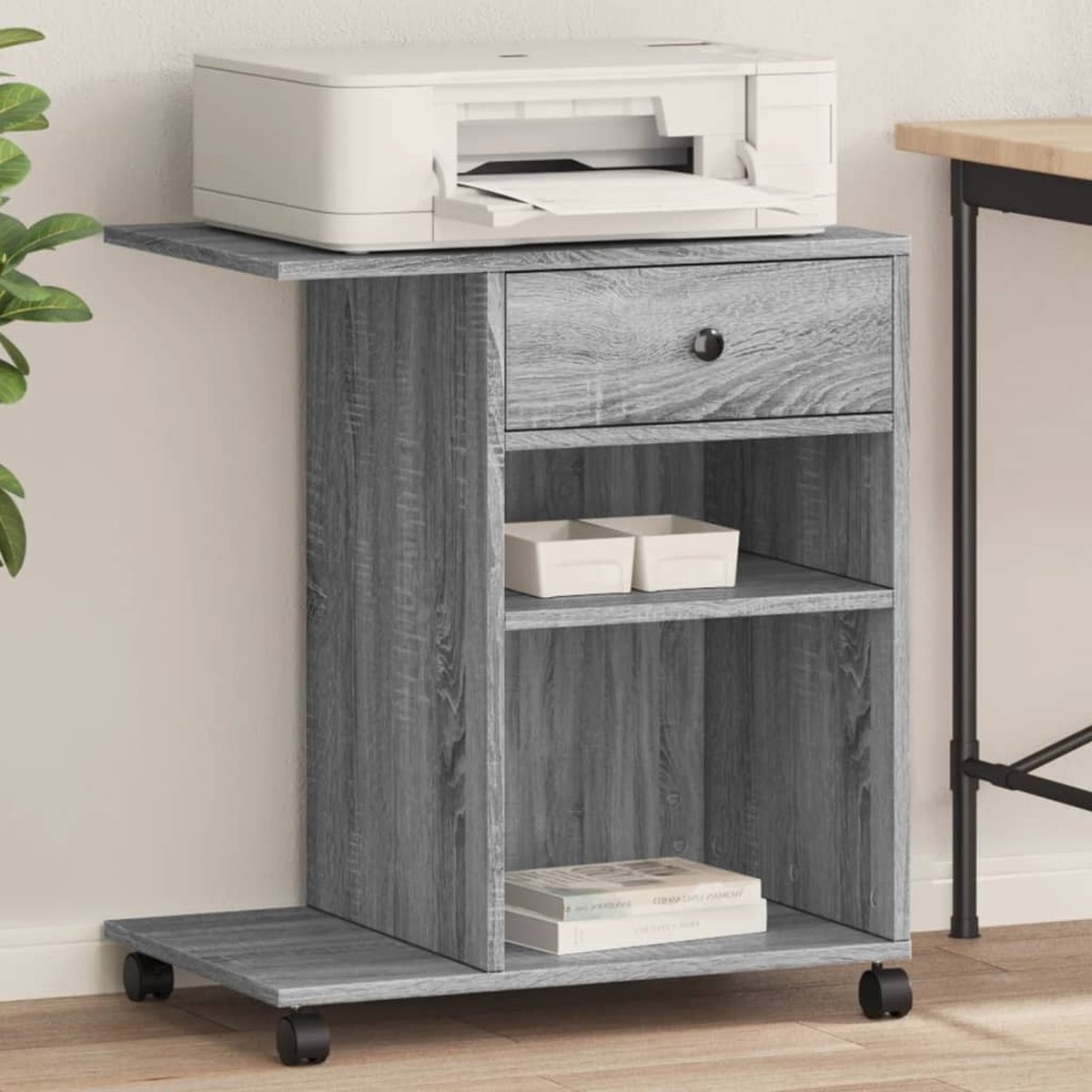 Support D’imprimante VidaXL En Chêne Noir – Avec Roulettes, 60x48x74 Cm, Rangement Bureau, Meuble Design Et Solide