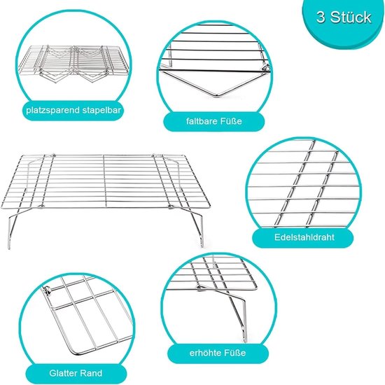 Herogo Afkoelroosterset, 3-laags roestvrij staal, rechthoekig taartrooster, koelrooster om te bakken, ideaal voor koekjes, cake, brood, 38 x 26 cm, opvouwbaar en stapelbaar, vaatwasmachinebestendig