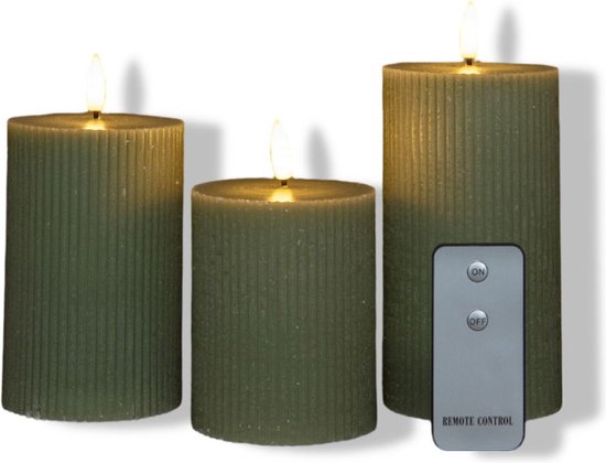 Bougies piliers LED Anna Collection - 3x - vert jade - nervurées - 7,5 cm