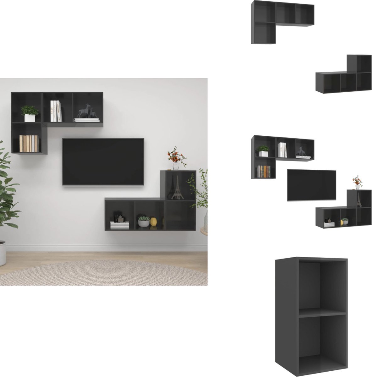 vidaXL Tv-kast - Tv-kasten - Televisiekast - Televisiekasten - Tv-wandmeubelen 4 st spaanplaat hoogglans grijs