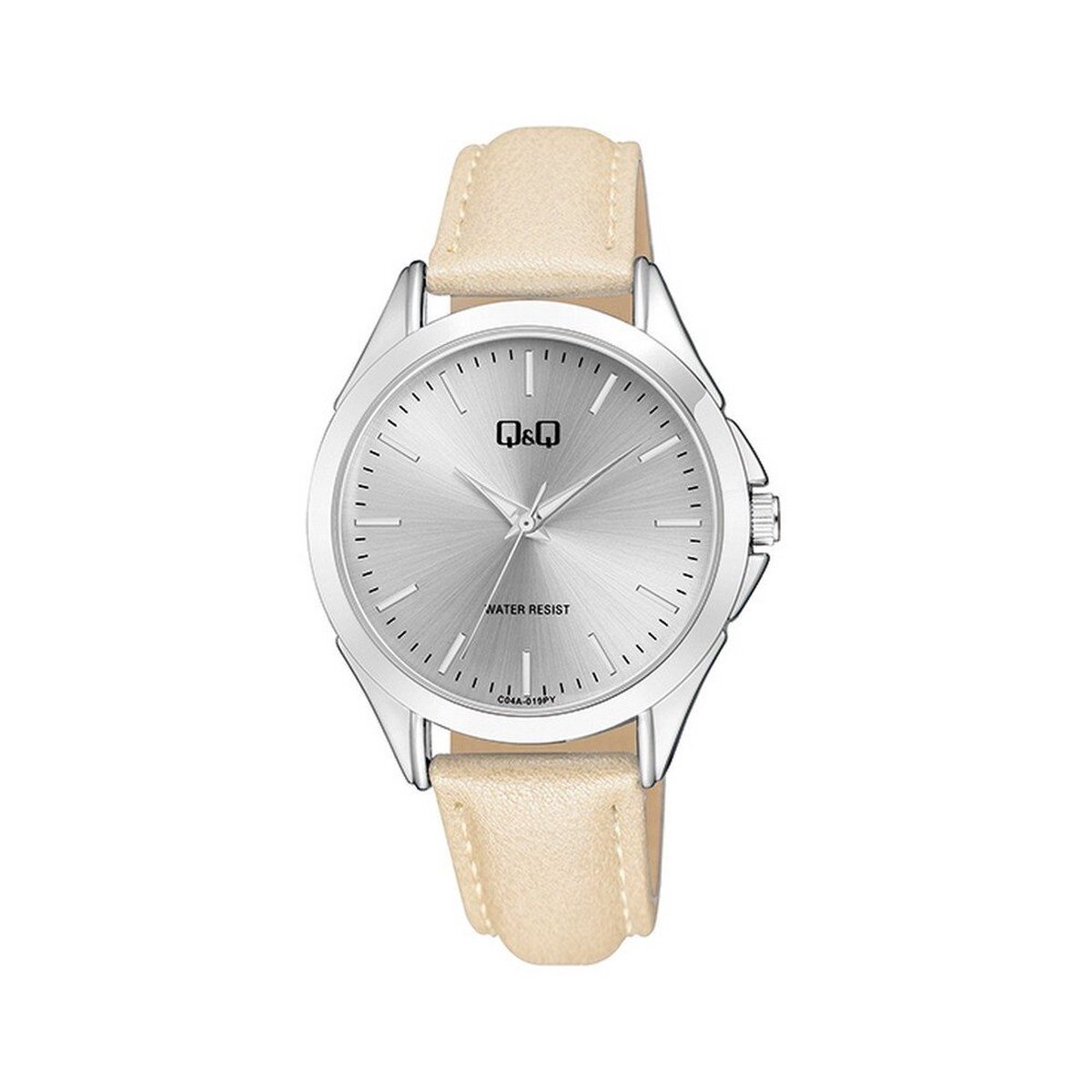 QQ C04A-019PY - Horloge - Analoog - Unisex - Leren band - Rond - Metaal - Streepjes - Beige-Crème - Zilverkleurig