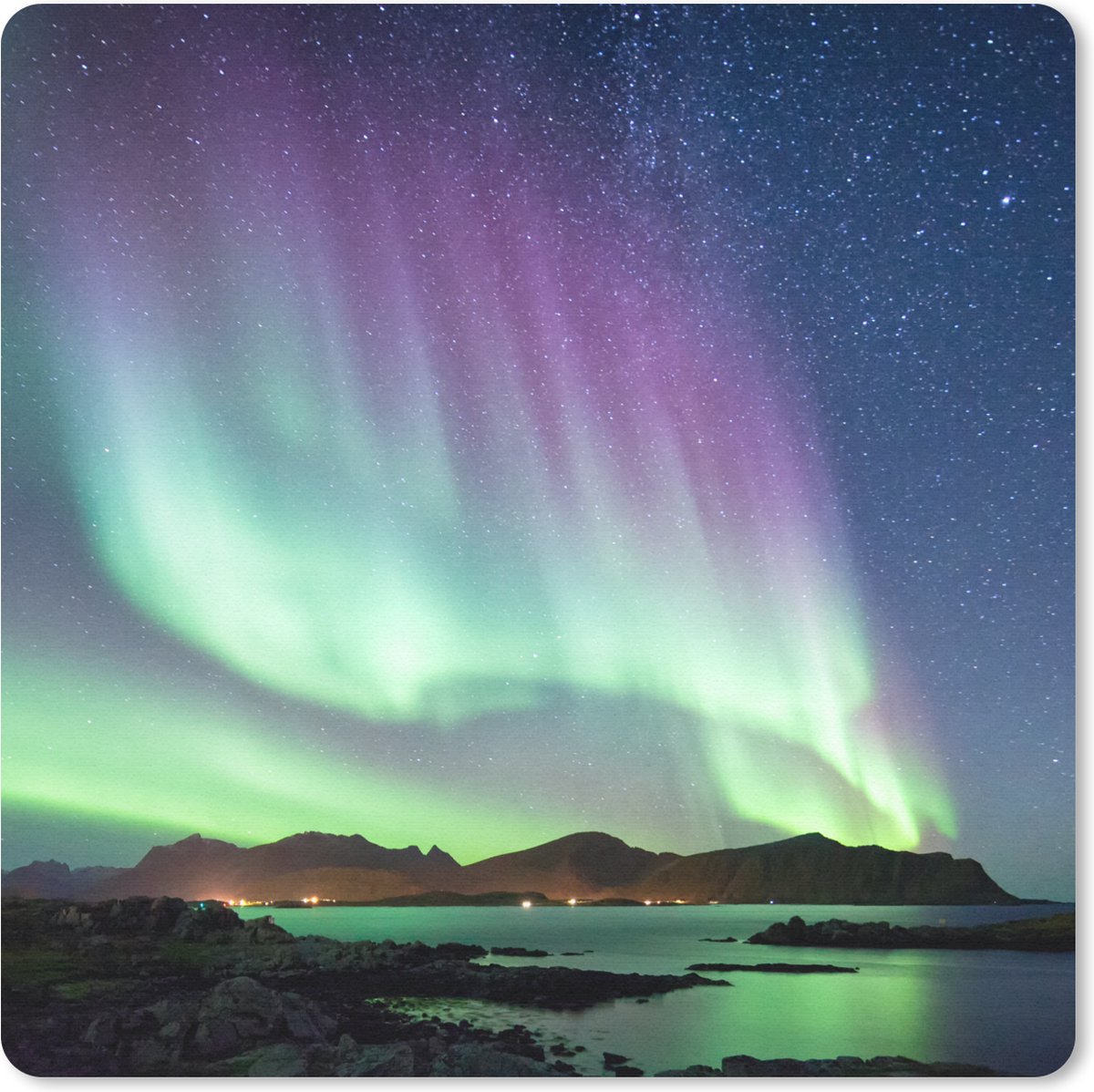 Muismat 20x20 cm - Mousepad Noorderlicht - Groen - Paars - Sterrenhemel - Meer - Berg - Muismatten