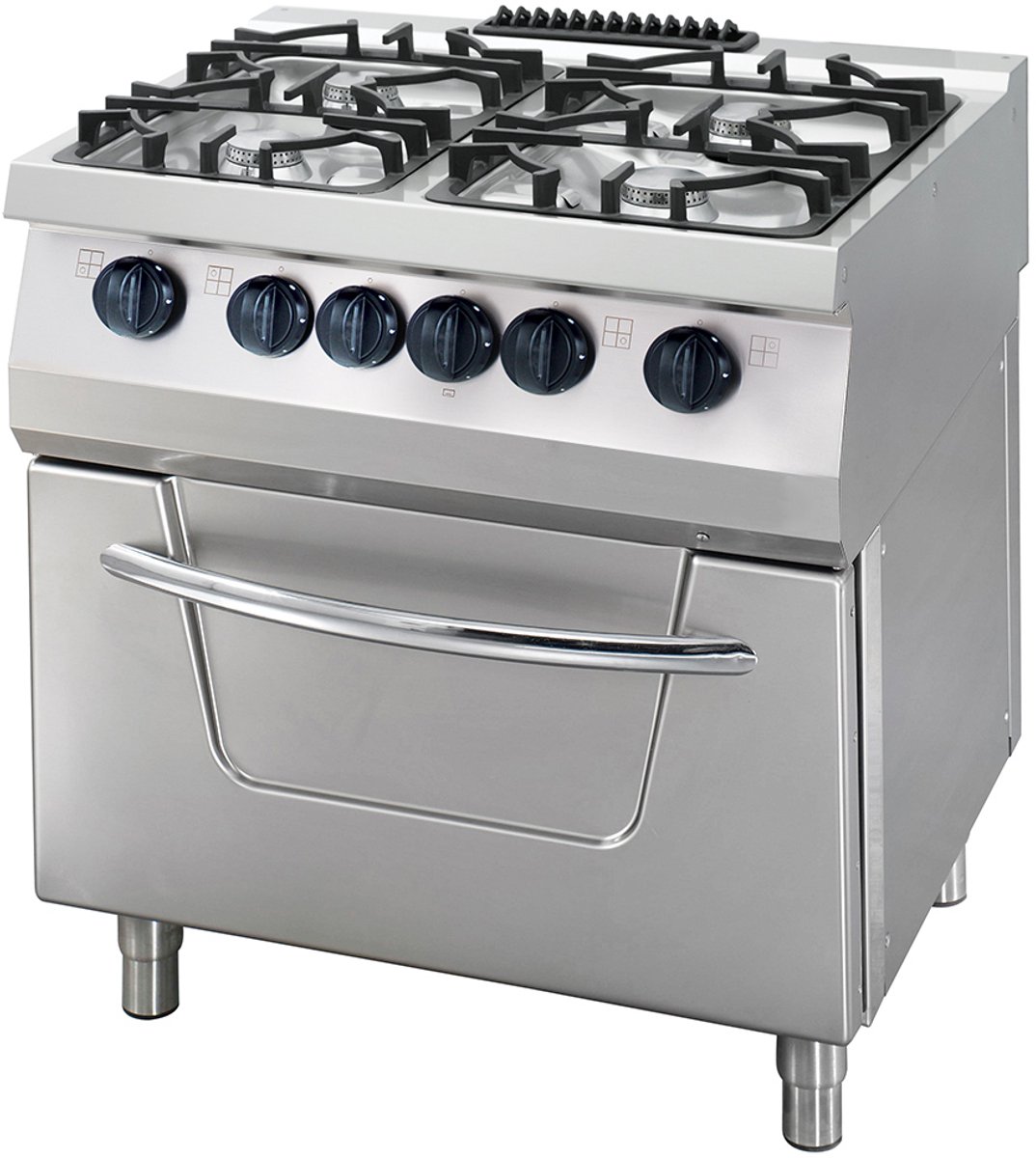 Heavy Duty Fornuis 4 Pitten Dubbel 70 cm Diep 36 kW Gas incl. Elektrische Oven