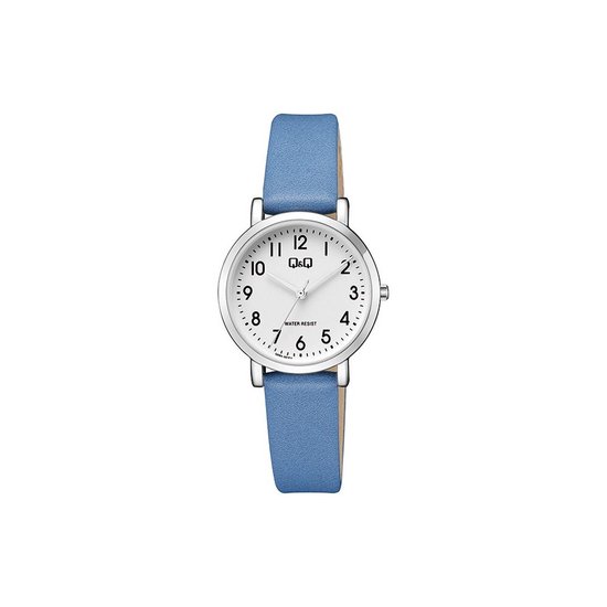 Q&Q-Watch-Ladies-Analog-Silver-Tone-Clear Dial- Blauw Leather Strap-30MM