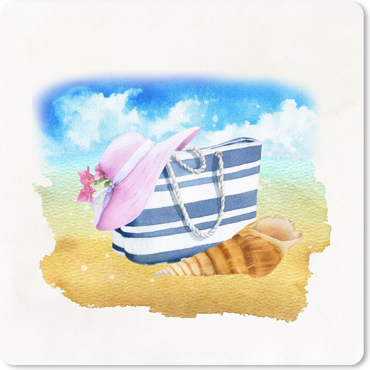 Muismat 30x30 cm - Mousepad Strandtas - Hoed - Schelp - Strand - Muismatten