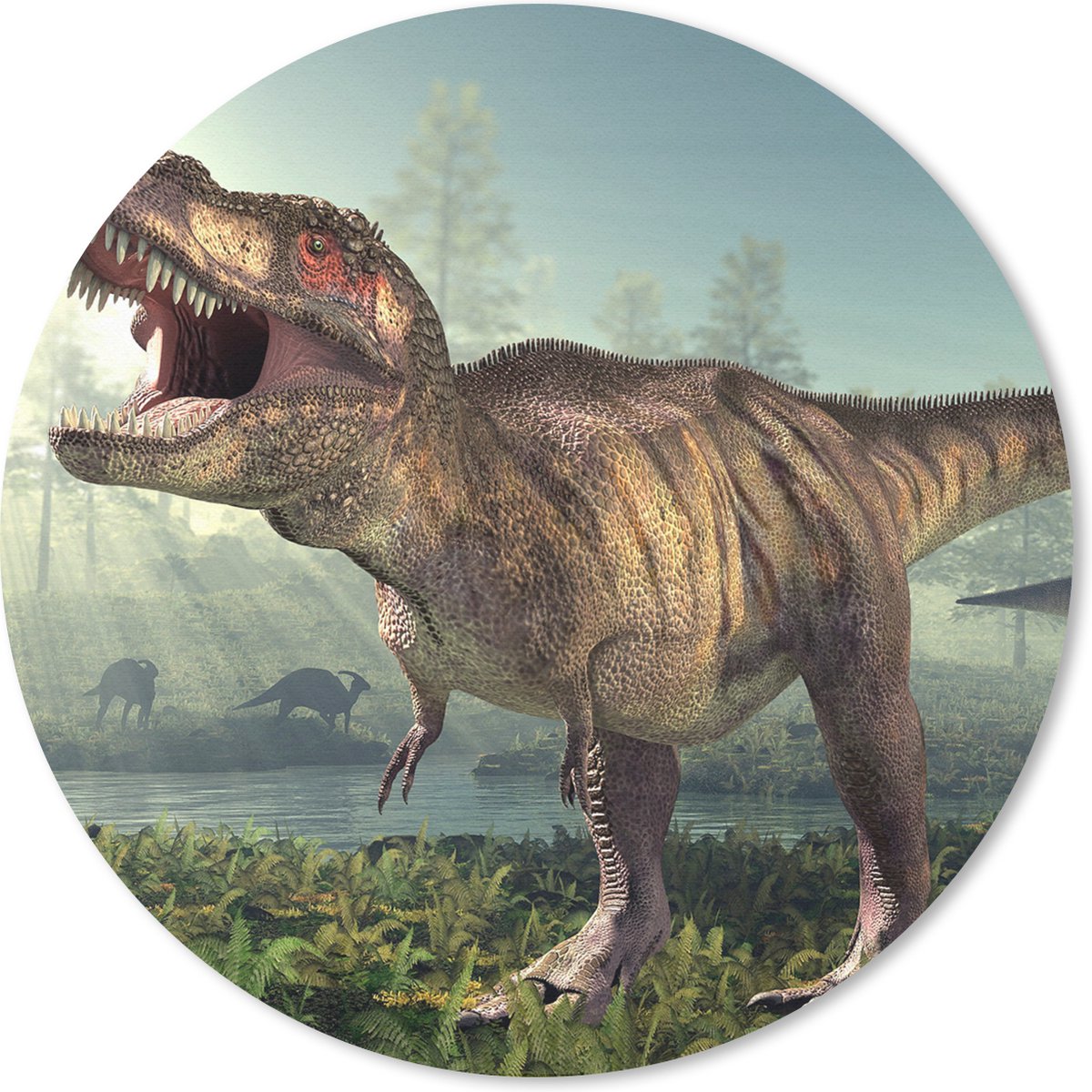 Muismat rond 30x30 cm - Mousepad Dino - Gras - Tekening - Kinderen - Jongens - Ronde muismatten