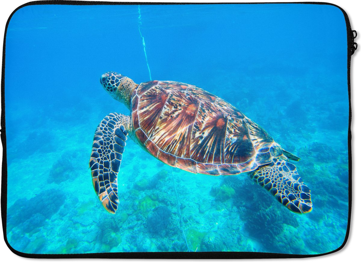 Laptophoes 14 inch - Schildpad - Zee - Blauw - Laptop sleeve - Binnenmaat 33x23 cm - Zwarte achterkant