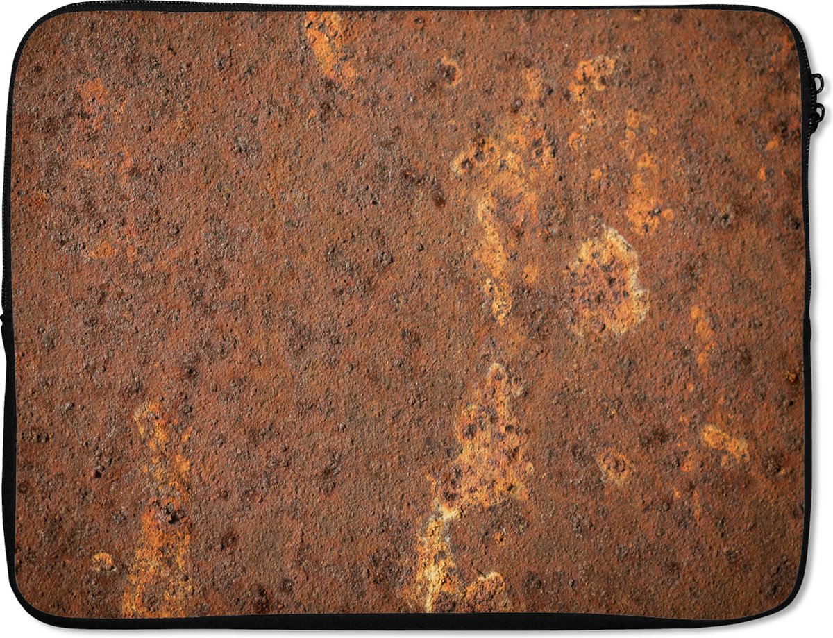 Laptophoes 17 inch - Bruin - Oranje - Abstract - Vintage - Roest print - Patroon - Laptop sleeve - Binnenmaat 41x28 cm - Zwarte achterkant