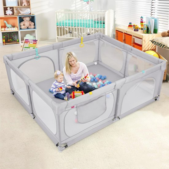 COSTWAY 120 x 190 cm Babyloophek met 50 speelballen, loophek met ademend net en ritssluiting, kruipnet 2 deuren, loophektent voor zuigelingen en kleuters (Donkergrijs