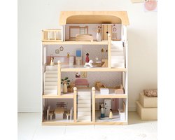 Petite Amélie Houten Poppenhuis - Wit en naturel - H.80 cm - Incl. 19 Poppenhuis Meubels – Vier Verdiepingen vol Fantasie – Voor een betoverende Speelwereld
