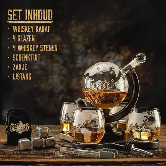 Whisky karaf Globe Set met 2 geëtste wereldbol whiskyglazen | Whiskey Stones, Ice Tong, Coasters, Trechter - Geschenken Voor Mannen Papa, Man - Drank, Bourbon, Scotch, Wodka met een Houten Standaard Whisky karaf Globe Set met 2 geëtste wereldbol whiskyglazen | Whiskey Stones, Ice Tong, Coasters, Trechter - Geschenken Voor Mannen Papa, Man - Drank, Bourbon, Scotch, Wodka met een Houten Standaard