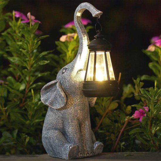 Décoration d'éléphant avec lanterne à énergie solaire – Figurines de jardin extérieures résistantes aux intempéries