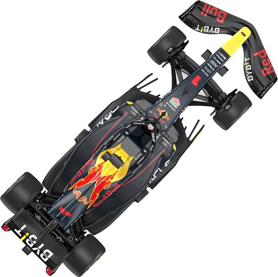 Bovenaanzicht van een zwarte Red Bull RB18 F1 raceauto met Red Bull logo.