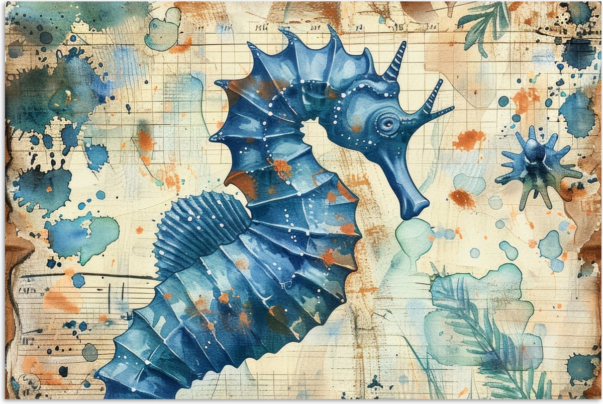 Poster 180x120 cm - Vintage - Zeedieren - Zeepaardje - Watercolor - Blauw - Posters - Wand