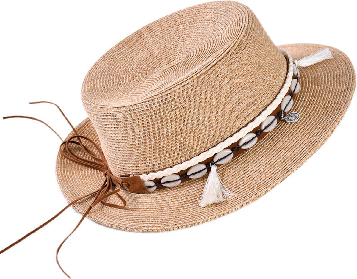 Decopatent - Zonnehoed Dames Rond - Schelpen en Bedels Zomerhoed - Strohoed UV - Ø58 cm - Strandhoed Hoofddeksel Rond - Hoed voor Volwassenen - Kleur: Naturel