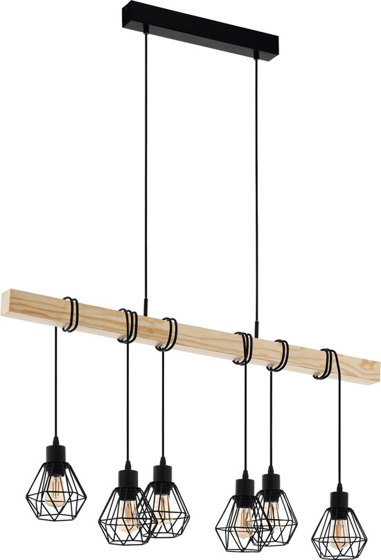 EGLO Padstow hanglamp, vintage, industrieel, retro, pendellamp van staal en hout in zwart, natuurlijke kleurenel, eettafellamp, FSC gecertificeerd, E27 fitting