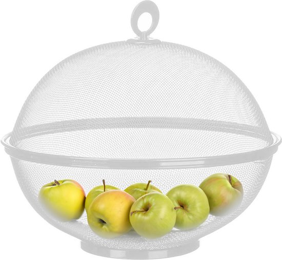 Kinvara Vliegenkap/voedselkap of Fruitschaal - rond - D28 x H12 cm - wit - anti insecten en fruitvliegjes - metaal