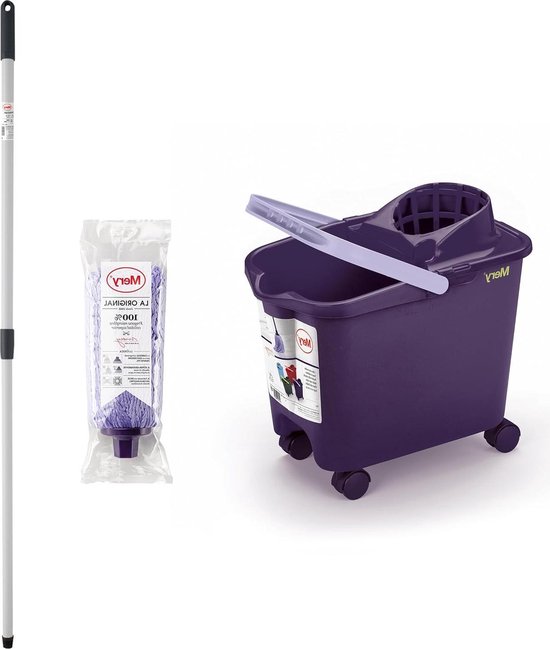 Foto: Set emmer met mop en stok automatisch afdruipoppervlak wielen paars 14 l super absorberende microvezelmop telescoopstang van kunststof 80 x 140 cm