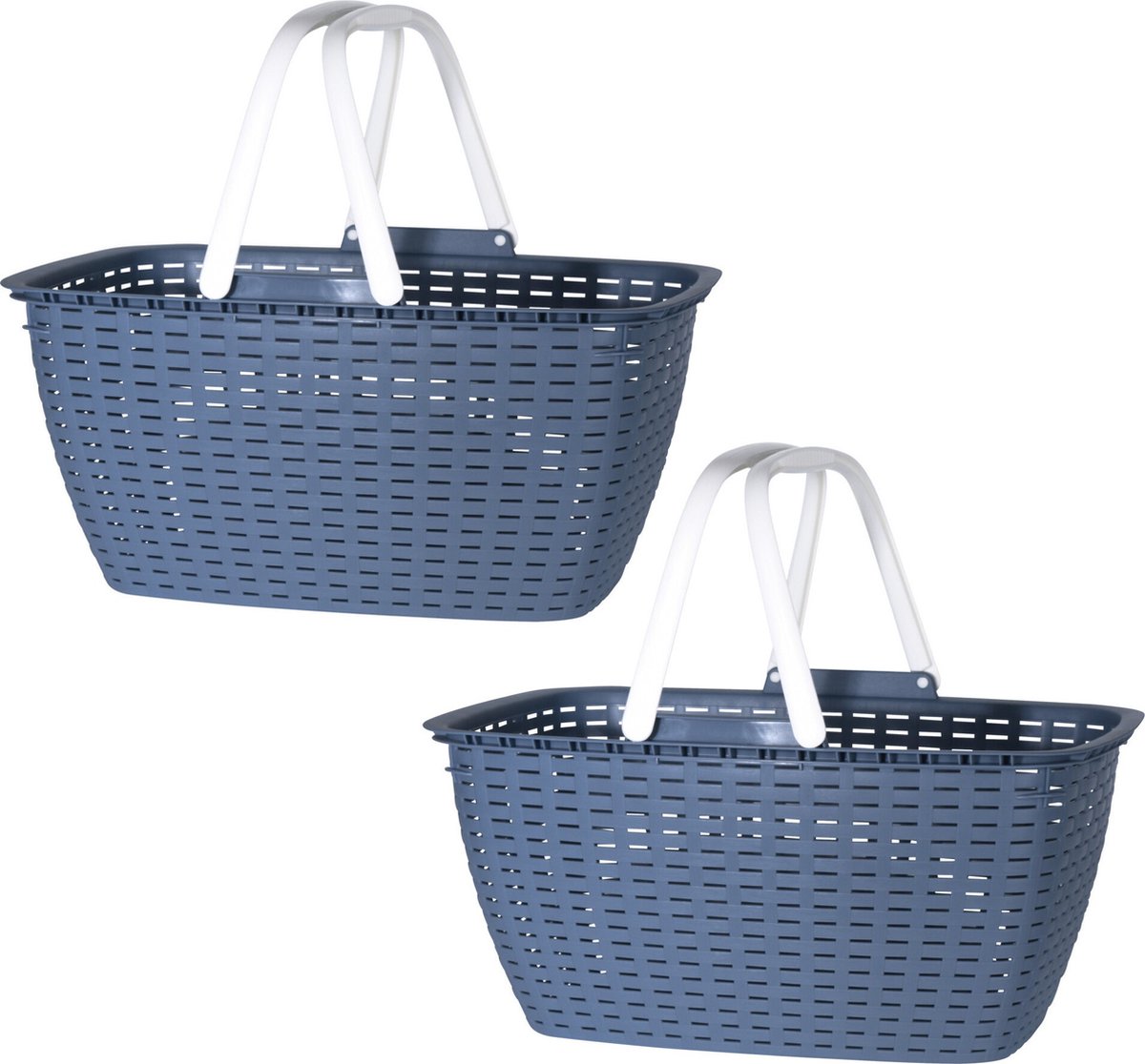 Goedkoopste Wasmand met hengsels - 2x stuks - blauw/wit - 26 liter - L43 x B30 x H21 cm - boodschappenmand