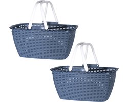 Wasmand met hengsels - 2x stuks - blauw/wit - 26 liter - L43 x B30 x H21 cm - boodschappenmand