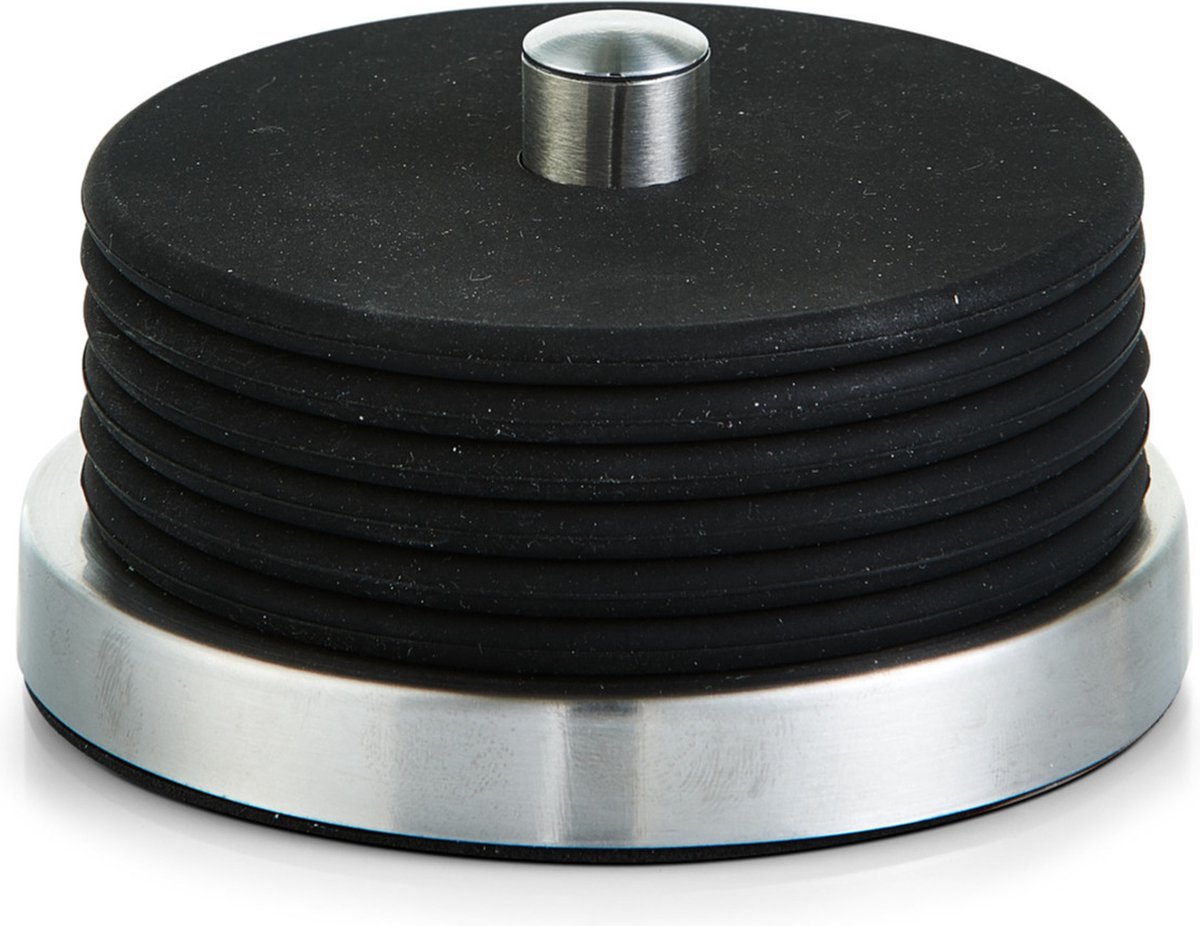 Zeller Glazen onderzetters - 6x - zwart - siliconen - Dia 10 cm - met houder