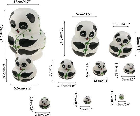 Set van 10 Grote Buik Houten Handgemaakte Panda Beer met Bamboe Matroesjka Russische Pop in een Doos， Strik voor Kinderen Speelgoed Nieuwjaar，Schattige dieren thema zwart en wit panda ei vorm houten handgemaakte matroesjka poppen set — afbeelding 3