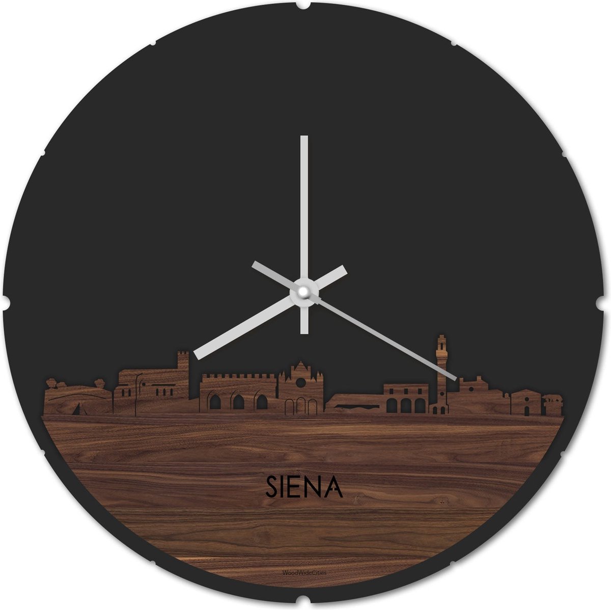 Skyline Klok Rond Siena Notenhout - Ø 44 cm - Stil uurwerk - Wanddecoratie - Meer steden beschikbaar - Woonkamer idee - Woondecoratie - City Art - Steden kunst - Cadeau voor hem - Cadeau voor haar - Jubileum - Trouwerij - Housewarming -