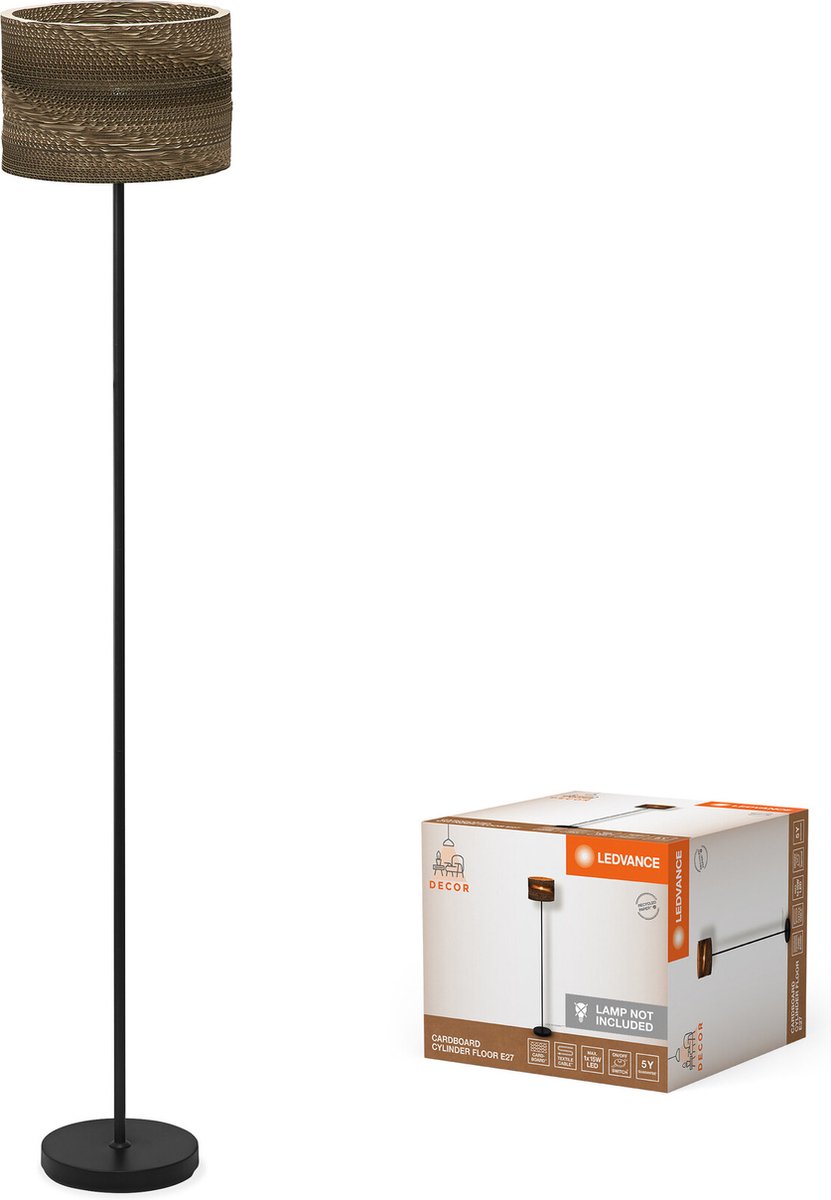LEDVANCE vloerlamp Decor Karton Cilinder bruin van golfkarton, E27, 1600 mm hoogte , lampenkap van gerecycled materiaal, duurzaam dankzij vervangbare lichtbron, eenvoudig te installeren