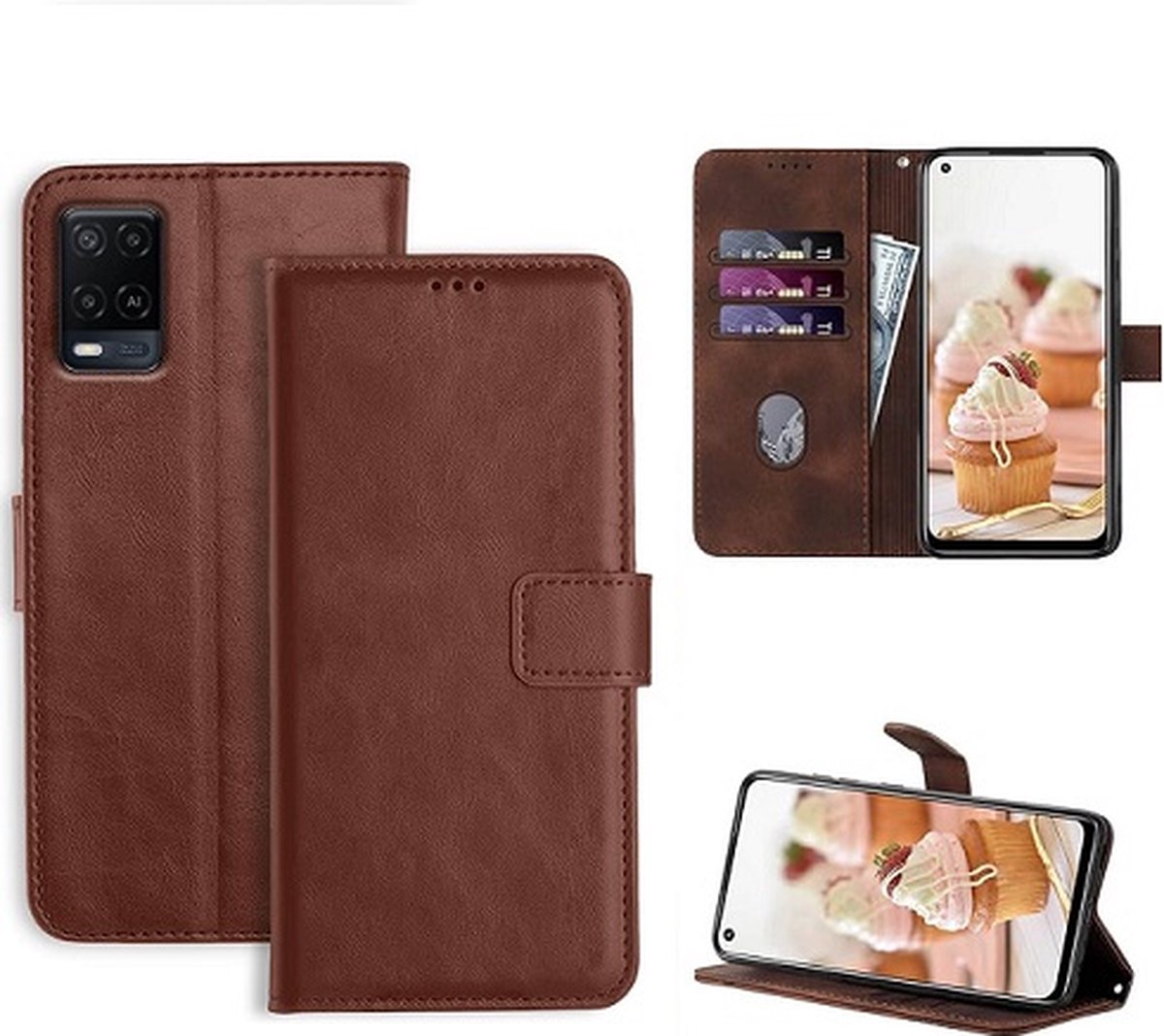 Oppo A54 Hoesje Met Pasjeshouder Bookcase Bruin