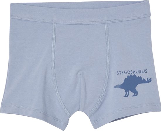 Lichtblauwe boxer met een donkerblauwe Stegosaurus-print rechts.