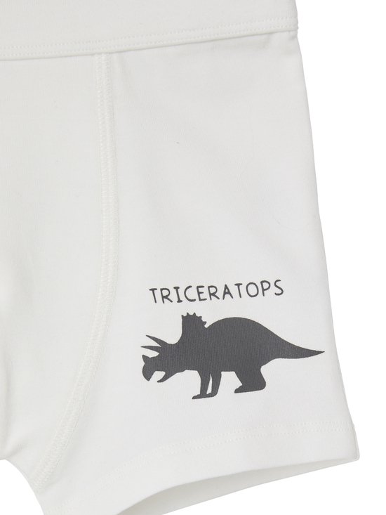 Witte boxer met een donkergrijze Triceratops-print rechts.
