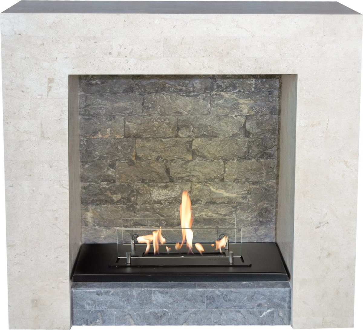 Xaralyn Bio-ethanol haard - Milos - wit natuursteen - 2 KW Watt verwarming - haardombouw inclusief inbouwhaard - echte vlammen - schouw