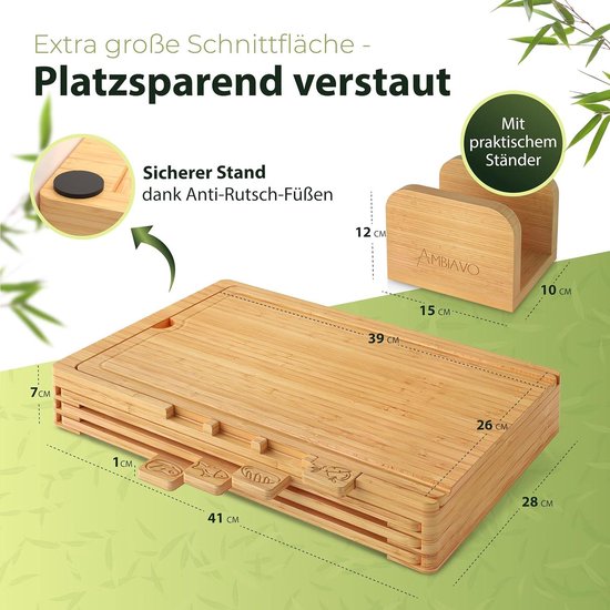 AMBIAVO® Snijplankset van bamboe met verhoogd snijvlak en standaard