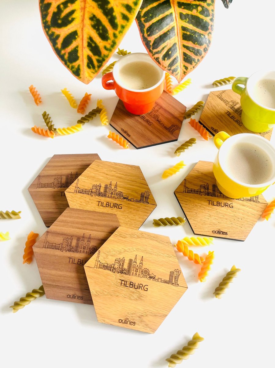 5x Onderzetters Skyline van Tilburg - 10x9cm - Notenhout