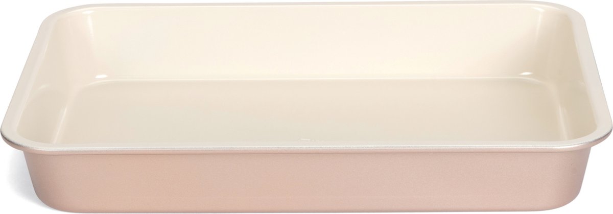 Rechthoekige ovenschaal/braadslede - metaal - 35 x 24 x 5 cm - wit/roze - Ovenschotel schalen - Bakvorm