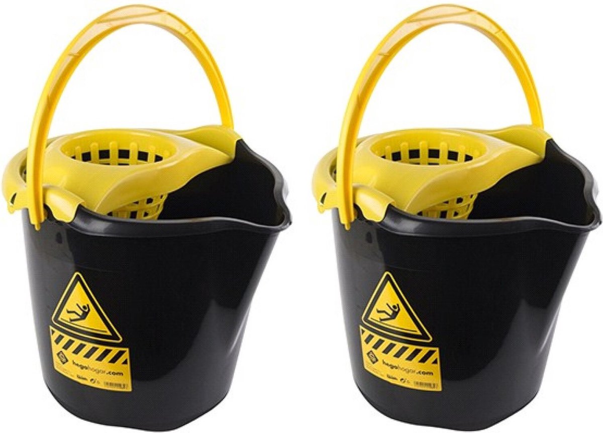 2x Dweilemmers/mopemmers 13,5 liter zwart/geel caution 32 x 30 cm - Vloer reinigen/dweilen - Schoonmaakartikelen