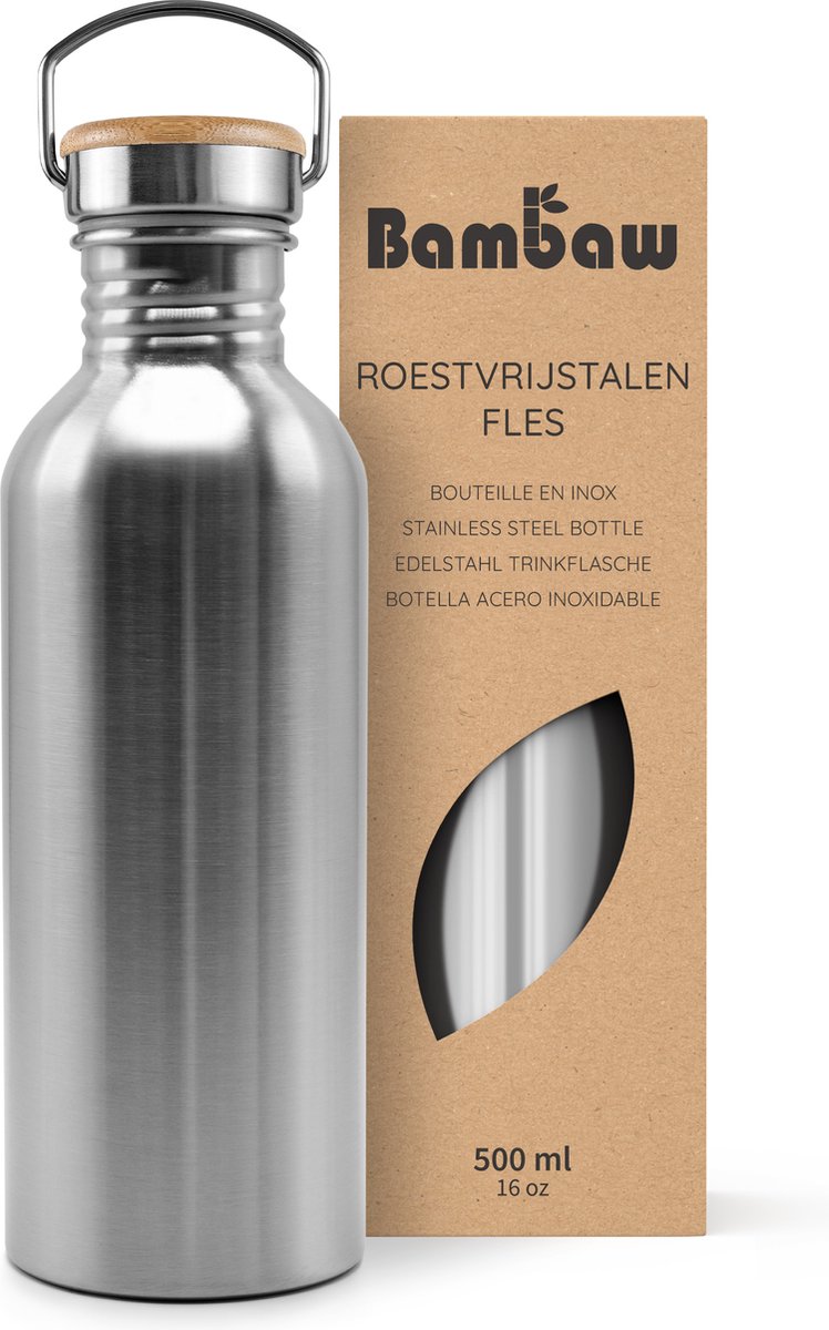 Bambaw® Waterfles 500ml - Enkelwandige drinkfles - Lekvrij, Plasticvrij met Bamboe Dop - Waterflessen Volwassenen - Waterfles RVS - Perfect voor Reizen, Wandelen, Dagelijks Gebruik, Kamperen - Water Fles - Camping - Zilver