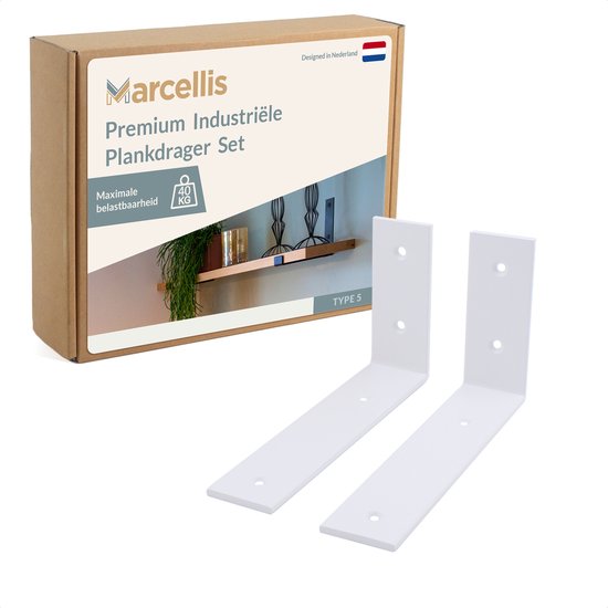 Deux supports d'étagère blancs en forme de L avec trous de vis, à côté de l'emballage Marcellis avec le texte 'Premium Industriële Plankdrager Set'.