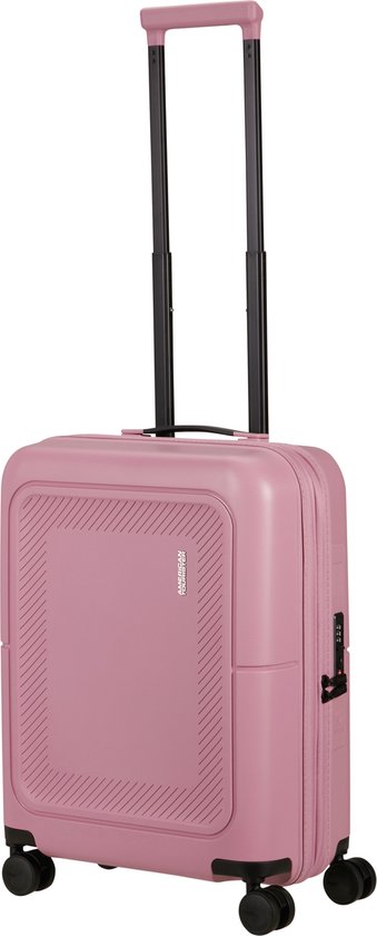 Roze American Tourister koffer met gestreept patroon, handvat, wielen en TSA-slot.