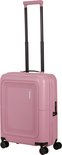 Roze American Tourister koffer met gestreept patroon, handvat, wielen en TSA-slot.