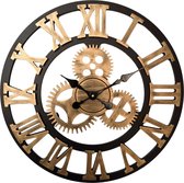 HSXL - 60cm Grote Stille Wandklok Landelijk en Industrieel uit Zwart met Goud Hout - Groot - 60 cm - Houten Industriële Klok met Romeinse Cijfers en Tandwielen Design - Modern